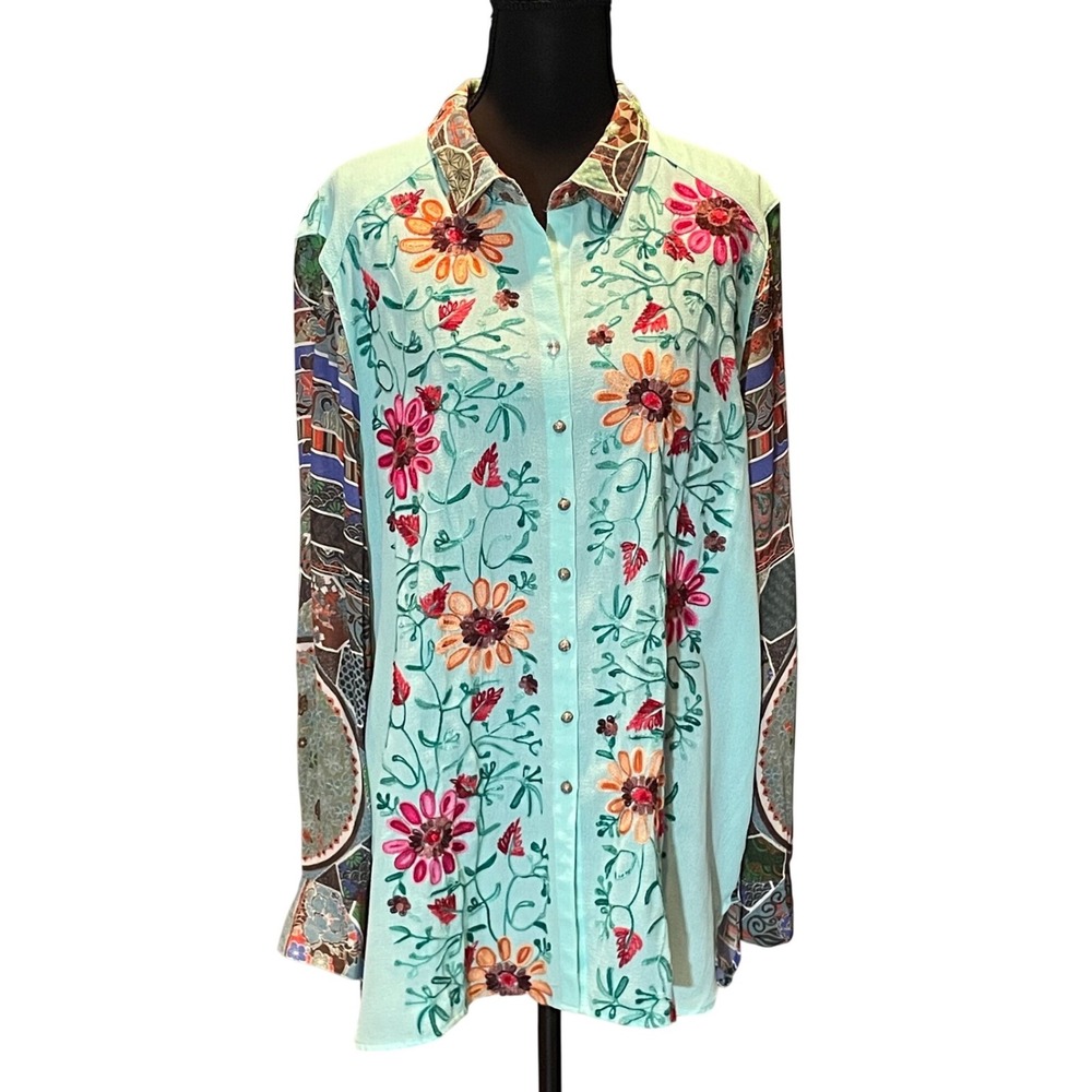 John Mark Floral Embroidered Mixed Print Button Front Tunic L Boho Chic Artsy